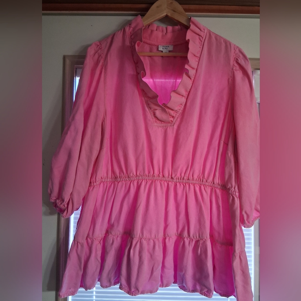 Crown & Ivy Pink Ruffle V-Neck Blouse 28" L, 23 P To P